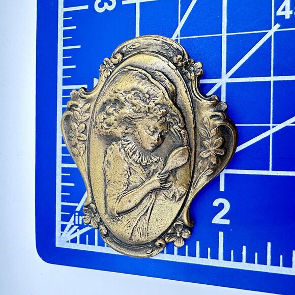 Vintage Victorian Style Bronze Gilt Young Girl Art Nouveau Brooch, 2.75" tall - Picture 7 of 7